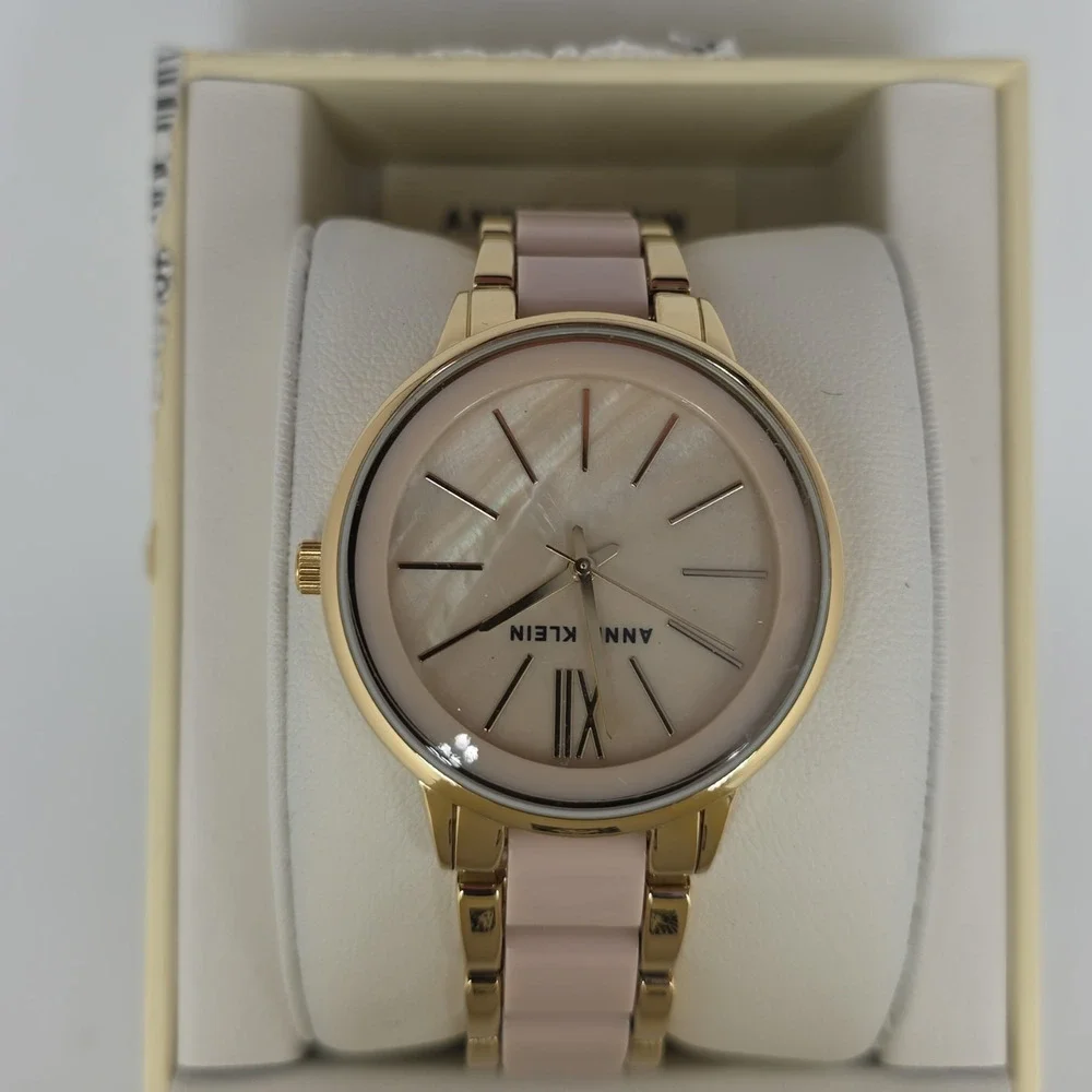 Anne Klein Women’s Analog Watch Pink Dial Gold-Tone Bracelet Roman Numerals Box